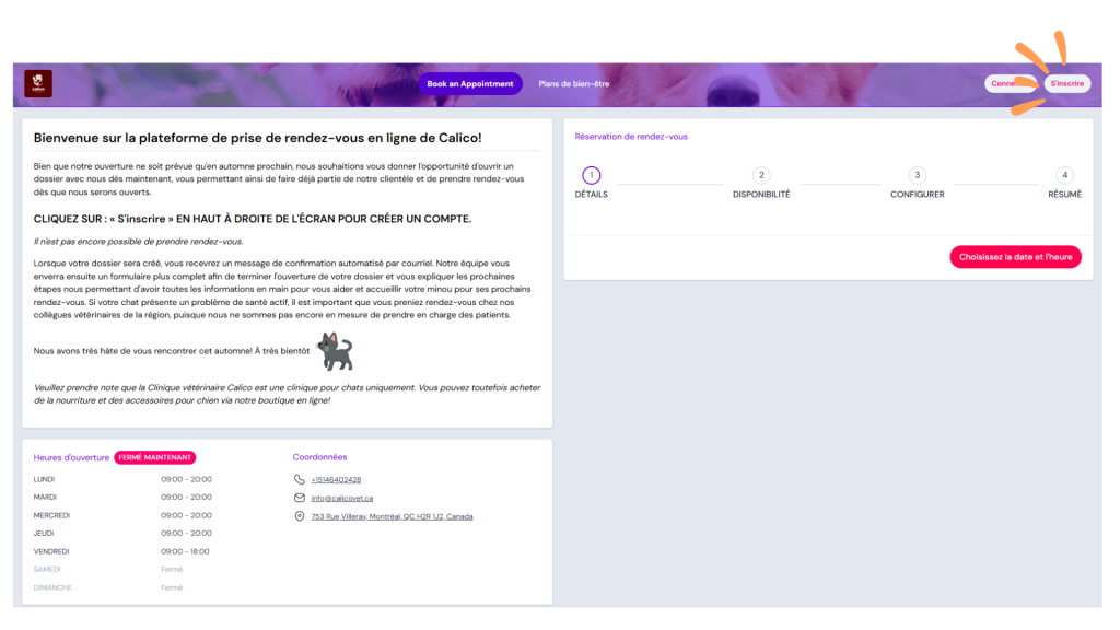 Procédure d'ouverture de dossier. Cliquez sur s'inscrire en haut à droite.